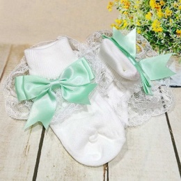 Girls White & Mint Large Satin Bow Lace Socks